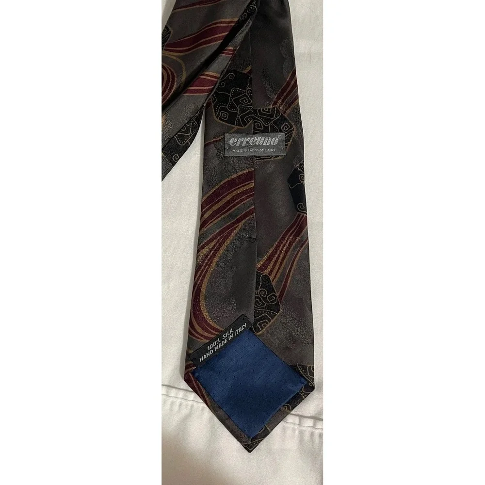 Erreuno Italian Gray Abstract Pattern Tie Burgundy Gold Classy Silk